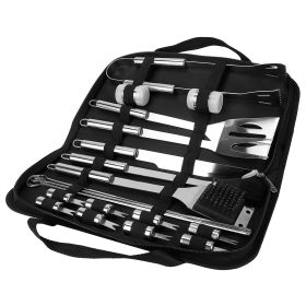 Stainless Steel BBQ Grill Tool Kit, Utensil Accessories with Spatula, Tongs, Fork, Knife, Brush, Pepper & Salt Shaker Bottle, Skewers for Corn