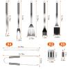 Stainless Steel BBQ Grill Tool Kit, Utensil Accessories with Spatula, Tongs, Fork, Knife, Brush, Pepper & Salt Shaker Bottle, Skewers for Corn