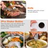 Stainless Steel BBQ Grill Tool Kit, Utensil Accessories with Spatula, Tongs, Fork, Knife, Brush, Pepper & Salt Shaker Bottle, Skewers for Corn
