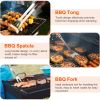 Stainless Steel BBQ Grill Tool Kit, Utensil Accessories with Spatula, Tongs, Fork, Knife, Brush, Pepper & Salt Shaker Bottle, Skewers for Corn