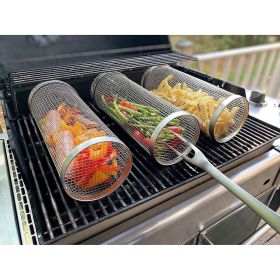Rolling Grilling Basket - Round Stainless Steel BBQ Grill Mesh (Small: 30cm)